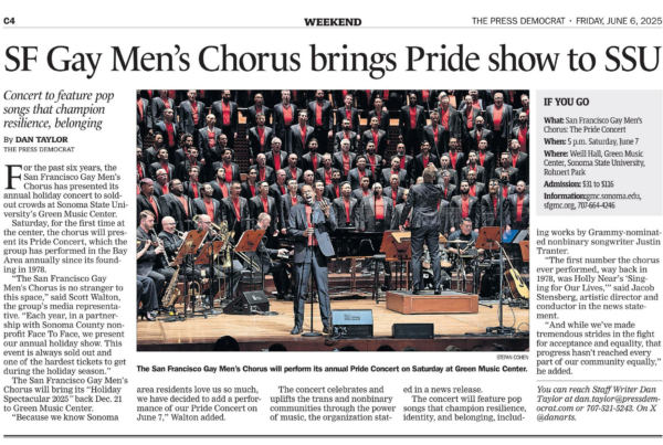 San Francisco Gay Men’s Chorus brings its Pride Concert to Green Music Center for the first time